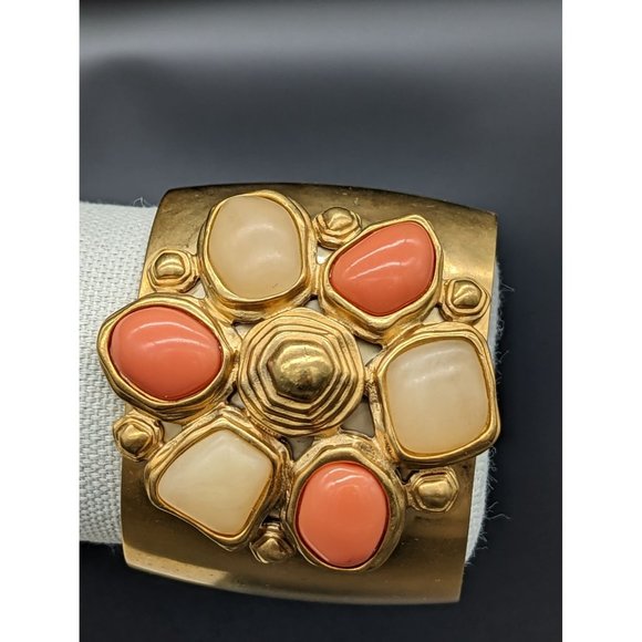 TTahari Chunky Cuff Bracelet Jewelry Gold Tone Peach, White Cabochon Faux Gems - Picture 2 of 9